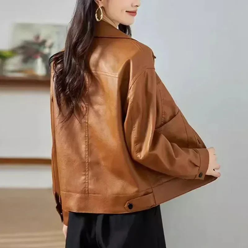 เสื้อนอกลำลองเข้ารูปสำหรับผู้หญิงเสื้อแจ็คเก็ตหนังเทียมฤดูใบไม้ร่วงฤดูใบไม้ผลิ