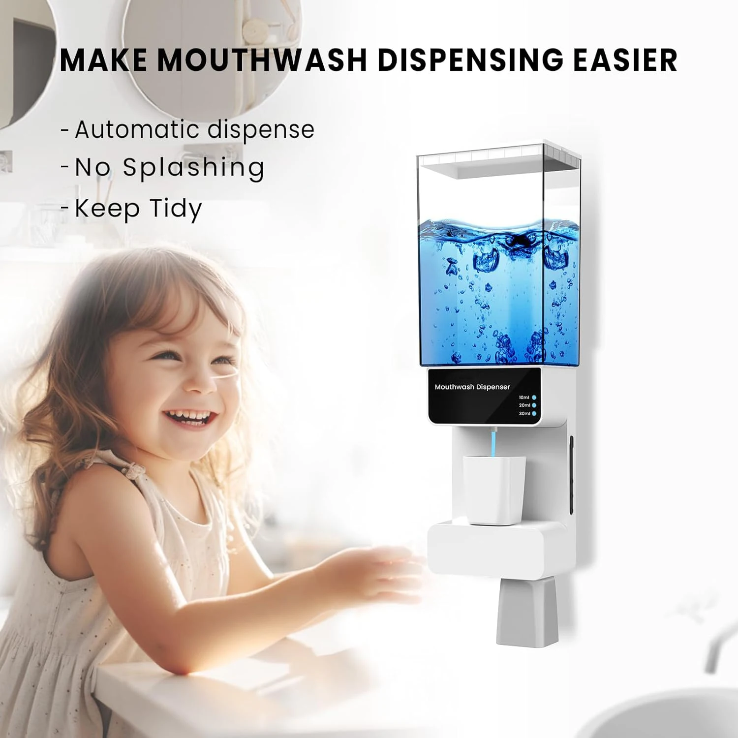 Automatic Mouthwash Dispenser Touchless 700mL Wall Mounted Mouth Wash Dispenser for Bathroom with Magnetic Cups