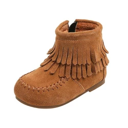 Claladoudou Suede Leather Ankle Boots For Toddler Girls,Solid Camel Brown Tassel Fashion Boots For Kids Woman,Thin Velvet Shoes