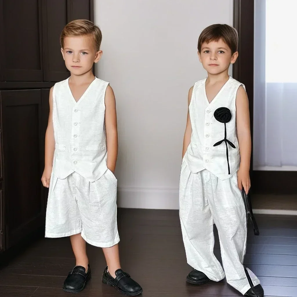 

Fashion Black White Stripes Vest Trousers 2-pieces Summer Loose Thin Girls Shorts Outfits 2-12 Y Children Clothing Boys Suit Set