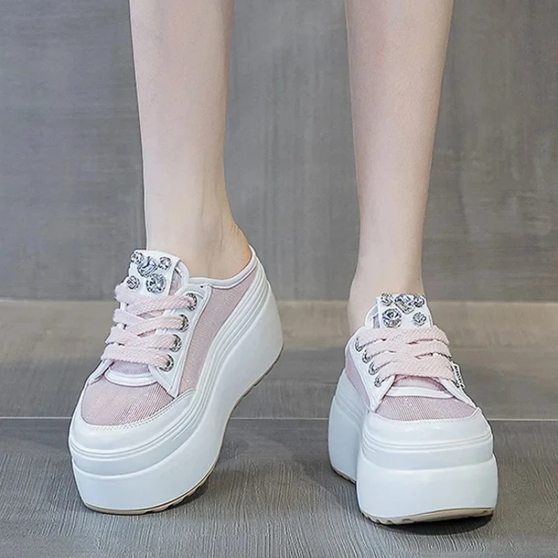 

2025 8cm Mesh Genuine Leather Glitter Platform Slippers Women Summer Wedge Rhinestone Sandals Loop Slides Shoes