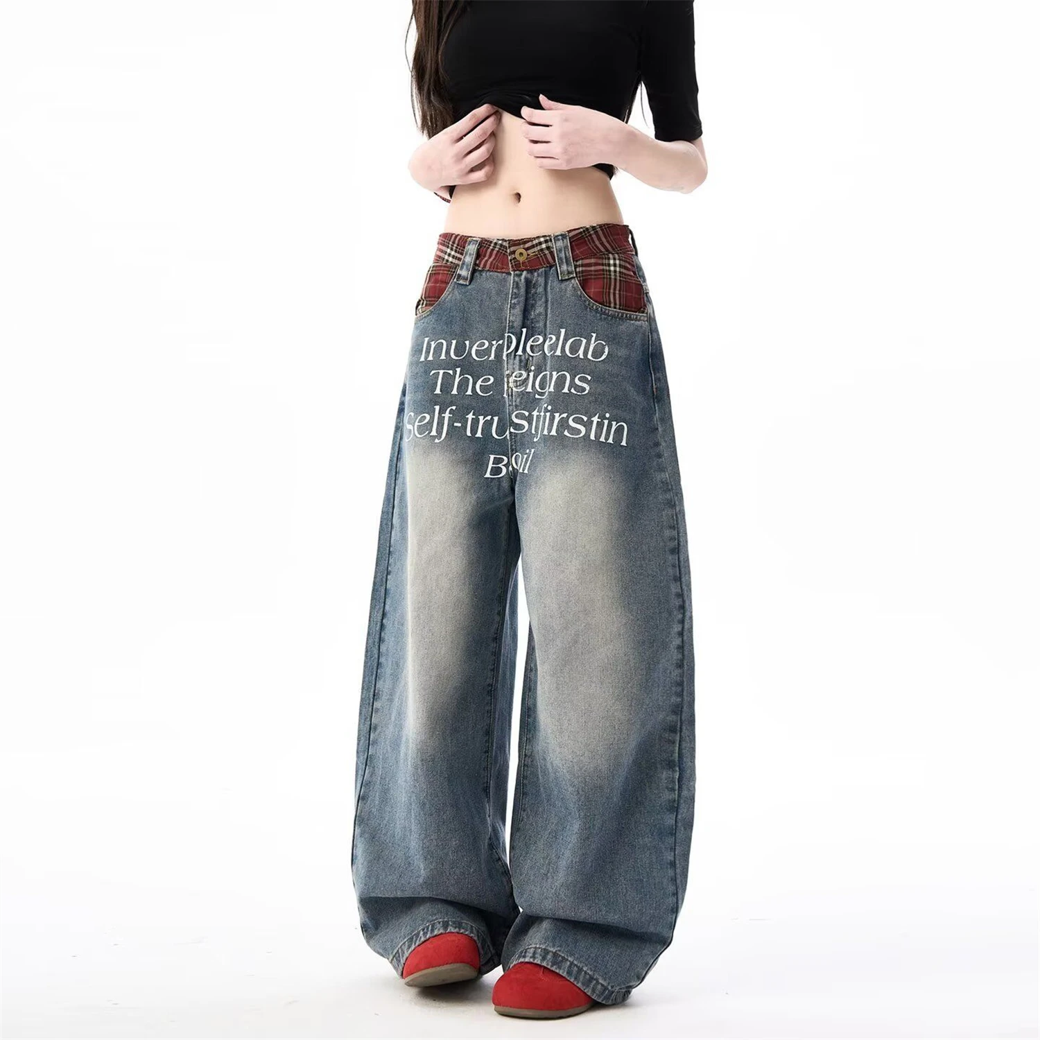 Women's Vintage Baggy Jeans with Plaid Patchwork Letter Print Washed Denim Wide Leg Trousers Streetwear Y2K Casual Fashion Pants