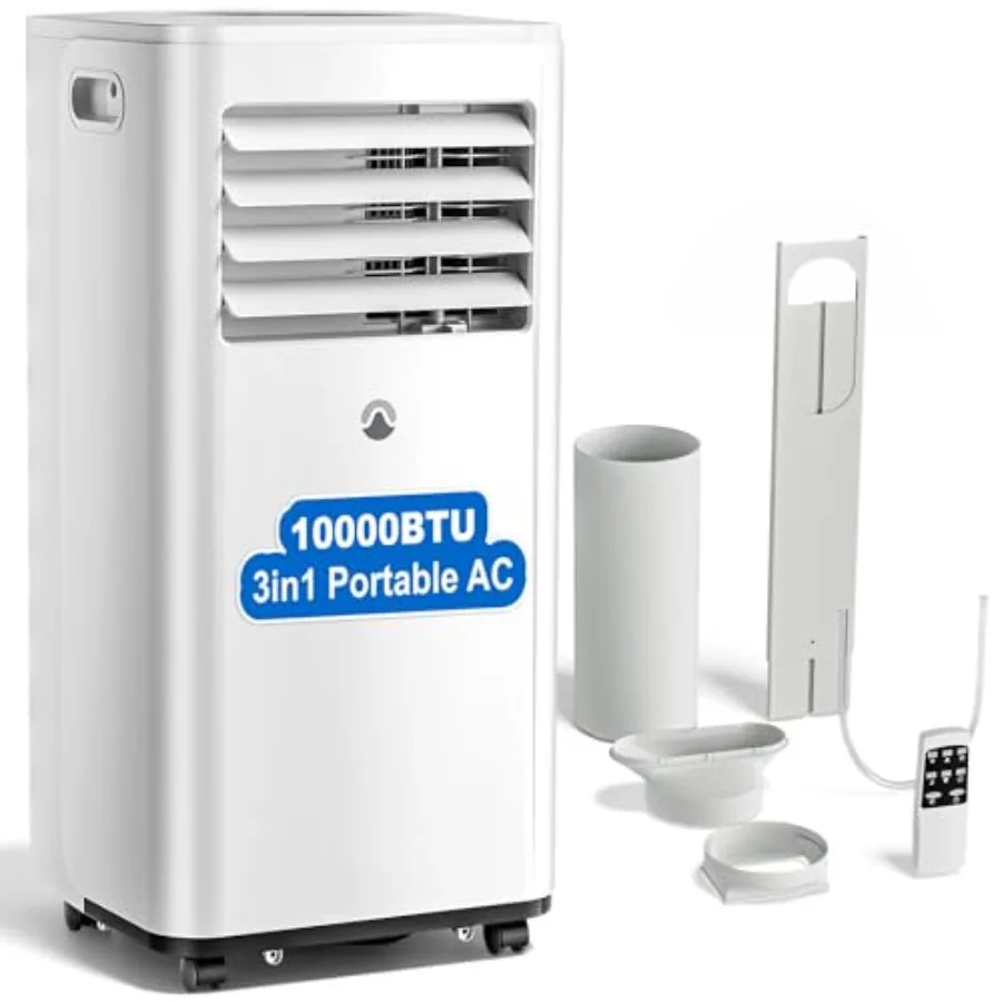 

Portable air conditioner for bedroom/kitchen/garage, 10000 BTU, white plastic unit, compact 3-in-1 design with 24H timer and sm