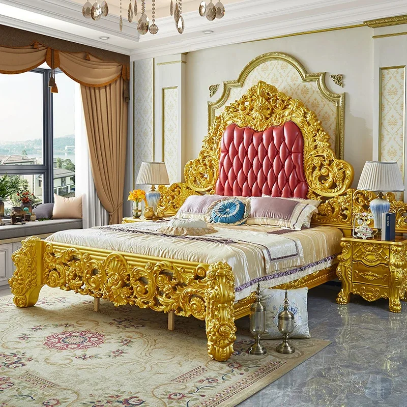 ^Gold-leaf French European Style Solid Wood Carved Full-grain Leather Double Bed Headboard Rivet Detail Multi-size Bedroom