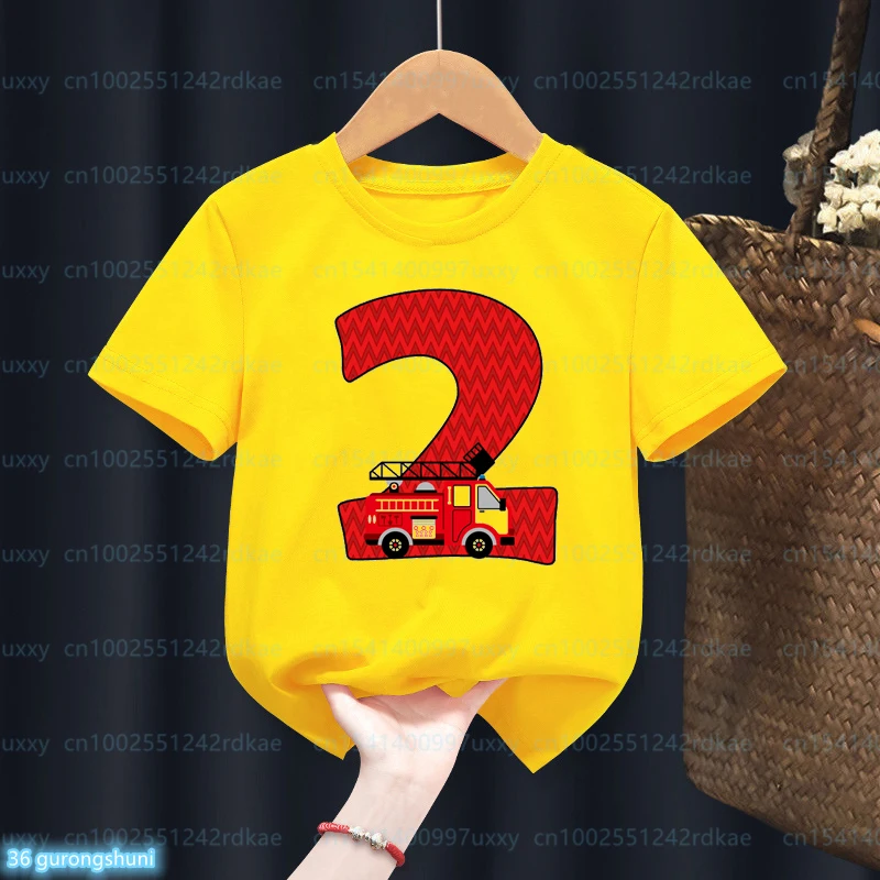 2023 Hot Sale T-Shirt For Boys Funny Basic Fire Truck Birthday Number1-9 th Birthday Party Clothes For Children Kids Tshirts top