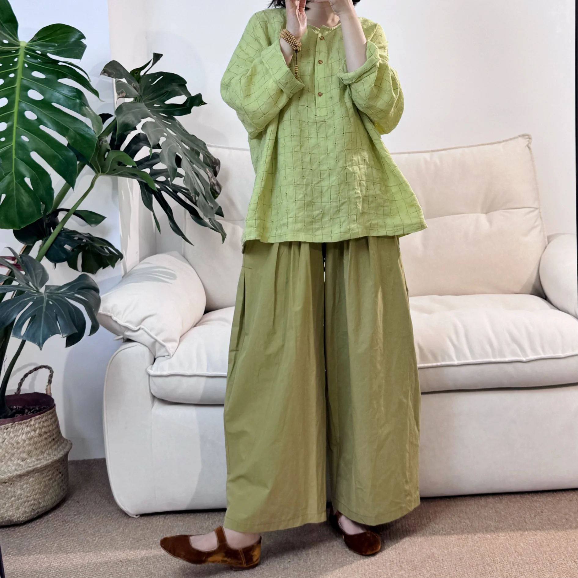 

Lili Ate Potatoes 2026 Spring Summer New 21-Strand Flax Green Plaid Shirt Women's Comfortable Breathable Long Sleeve round Neck