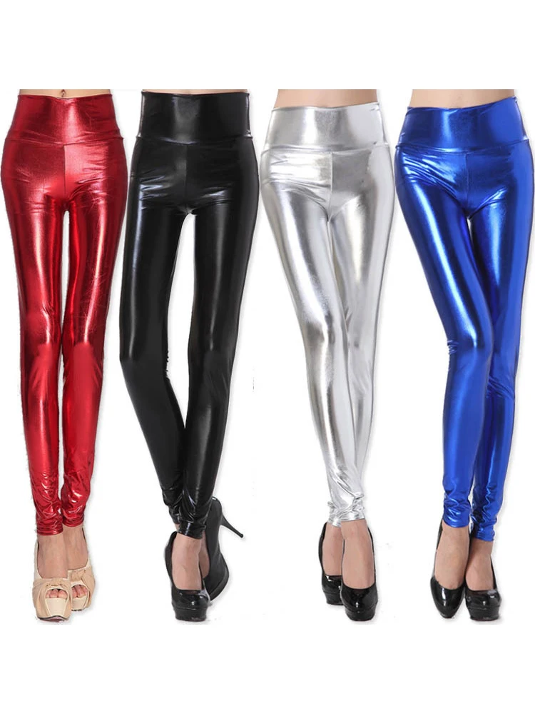 Stretch elastisch glänzend sexy Leggings Frauen Bleistift hose hohe Taille Leggins dünne Mode eng Silber Gold