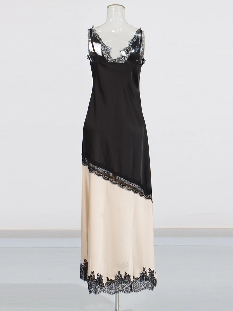 TWOTWINSTYLE, vestidos largos sexis de encaje empalmado transparente para mujer, vestido elegante dividido sin mangas con cuello en V, ropa femenina nueva