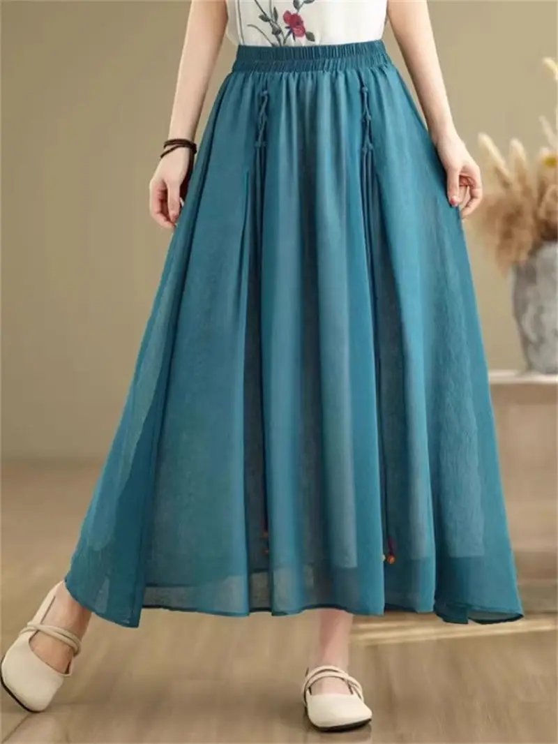 Bohemian Artistic Maxi Skirt 2025 - Women's Summer Ramie Double-Layer Skirt, Tassel Trim Big Swing Large Size G542