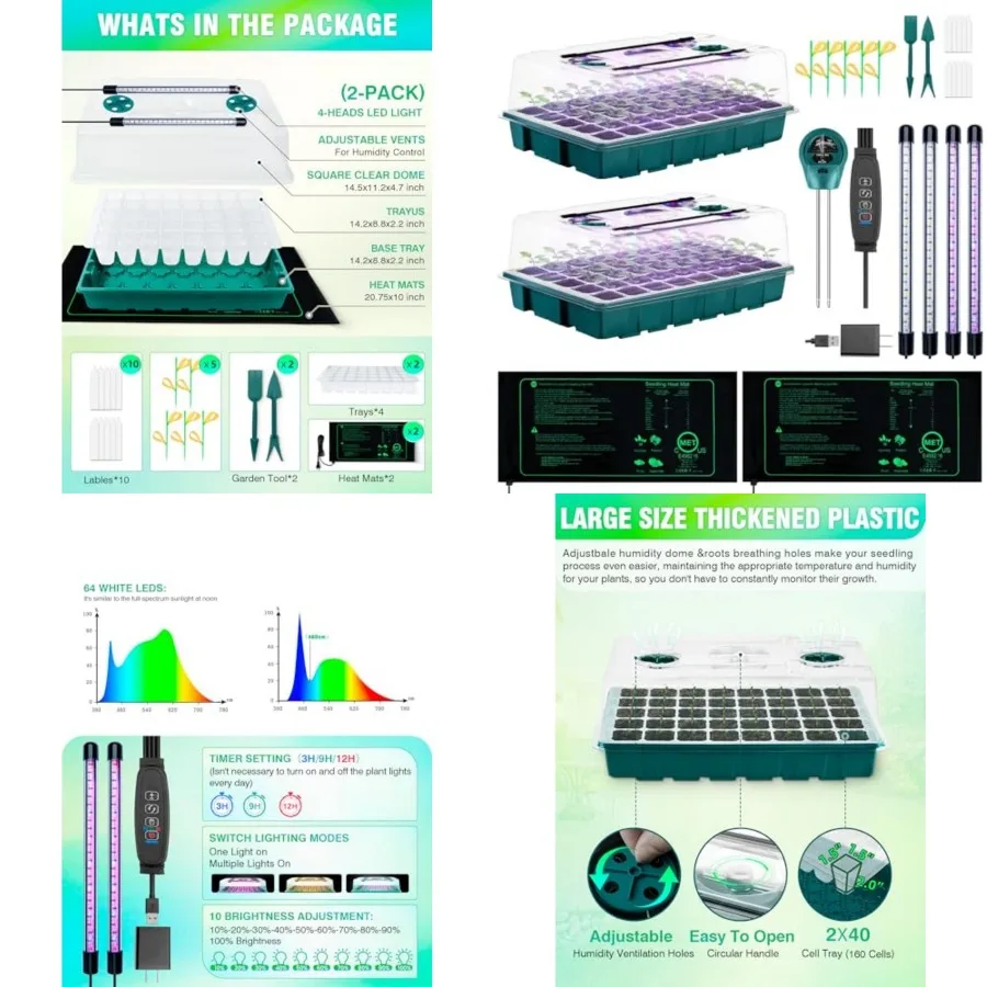 Seed Starter Tray with Grow Lights and Heat Mat, 3-in-1 Soil Meter, 80-Cell Seed Growing Tray, Germination and Plant Propagatio