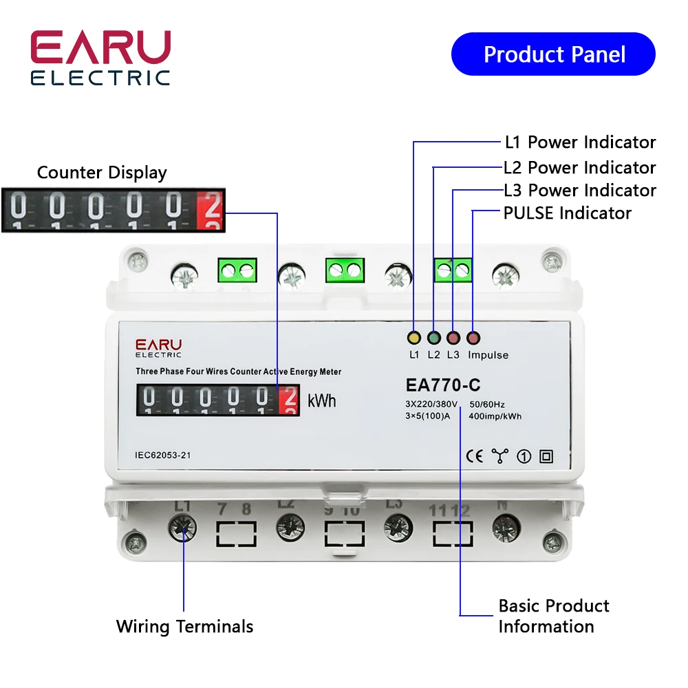 3*220 V/380 V trójfazowy czteroprzewodowy elektroniczny licznik energii aktywnej kWh Monitor zużycia energii na szynę Din 3*5(100)A 50/60 Hz LCD