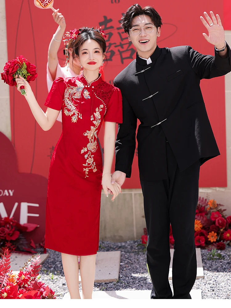 

Young Bride Wine Red Wedding Dr ort Sve Zipper Sle Pearl Embellied mid Waist Fit for Wedding Reception