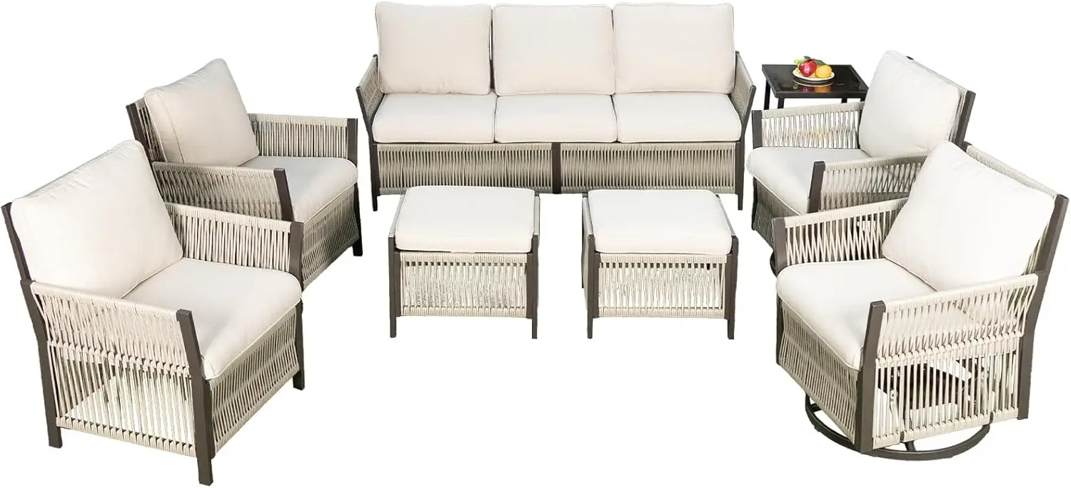 Outdoor Patio Furniture, 8 Pieces High Back Wicker Patios Set with Rocking Chairs, Coffee Table for Garden Patio Set