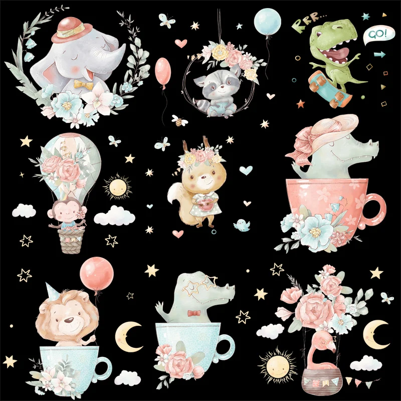 

Cartoon Animal Balloon Wreath Hot Air Balloon Hippo Monkey Lion Elephant Iron On Transfer Vinyl Sticker For Clothes Applique