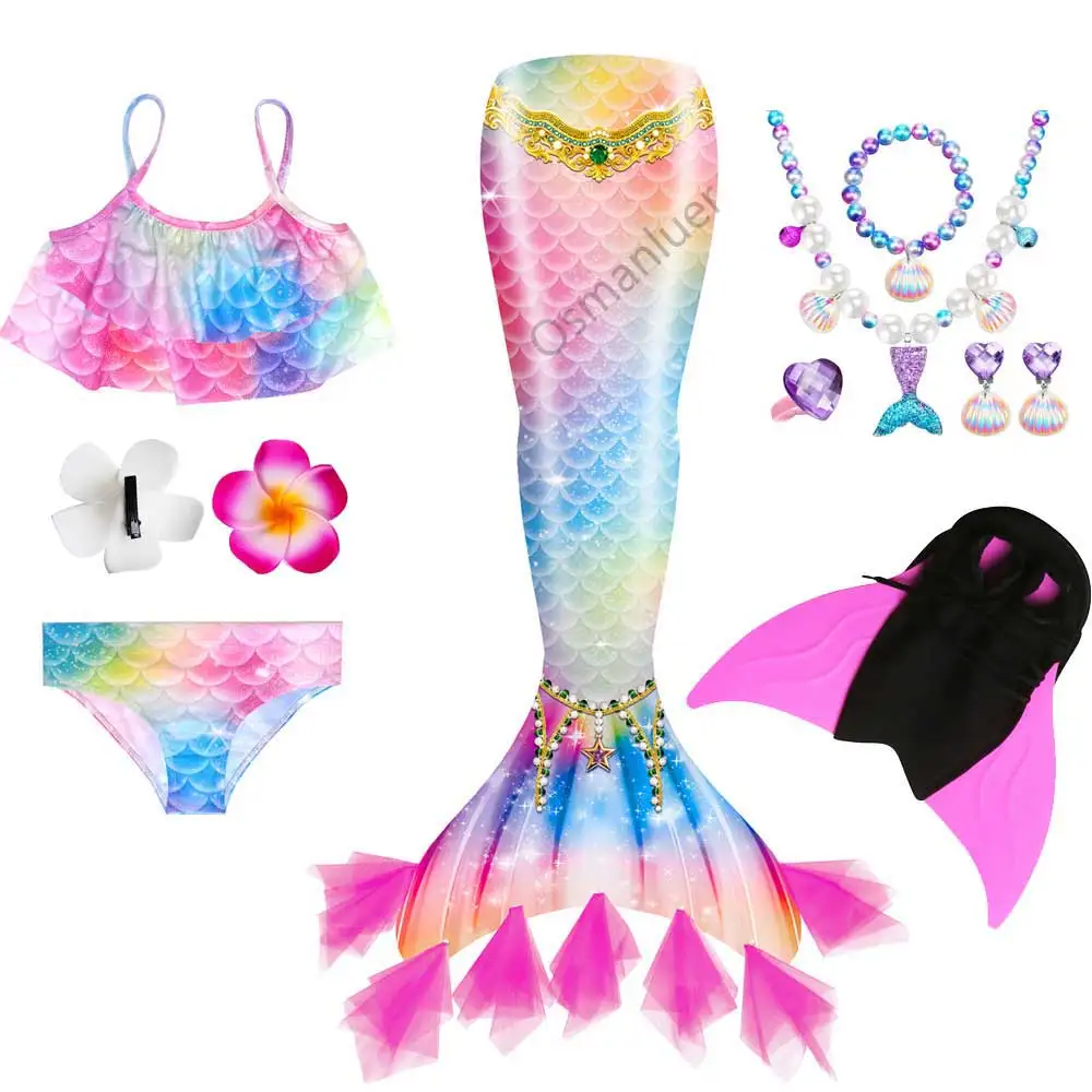 Mädchen Meerjungfrauenflossen Cosplay Elastische Schwimmflossen mit Bikini-Oberteilen und Shorts Schwimmfähige Flossen Cosplay Kostüme