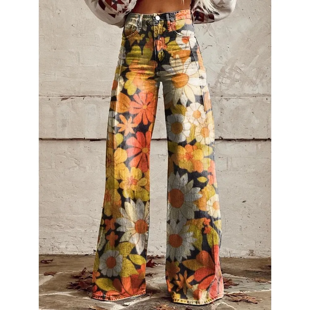 Damen Blaue Orientalische Pflaumenblüten-Druck Hose mit Hoher Taille und Weitem Bein Vintage Blumenmuster Y2K Ästhetik Lose Hose Retro Streetwear – Detail 16
