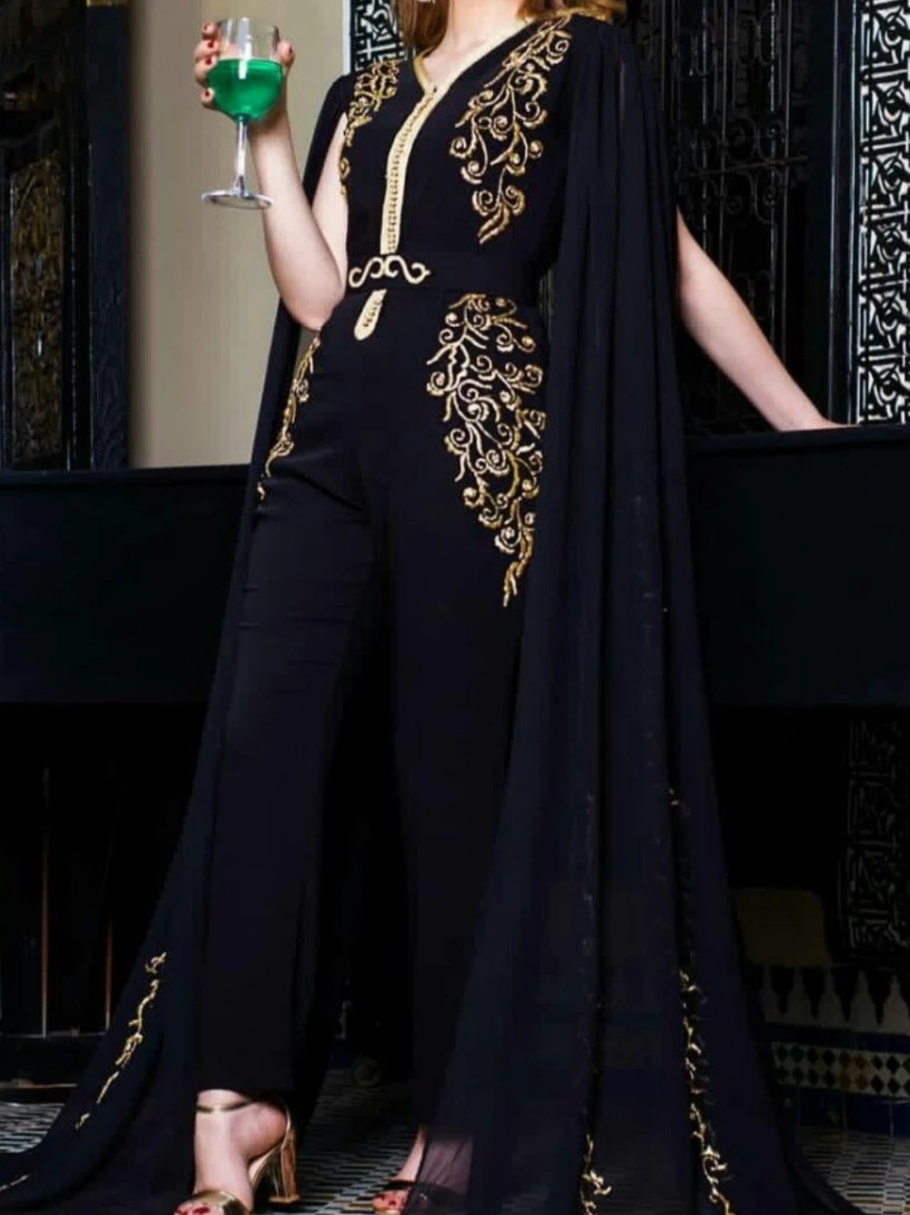 Abaya V-neck Evening Dresses Chiffon A-line Bridal Dress Caftan Appliques Floor-length Plus Size Gown Robe De Mariée