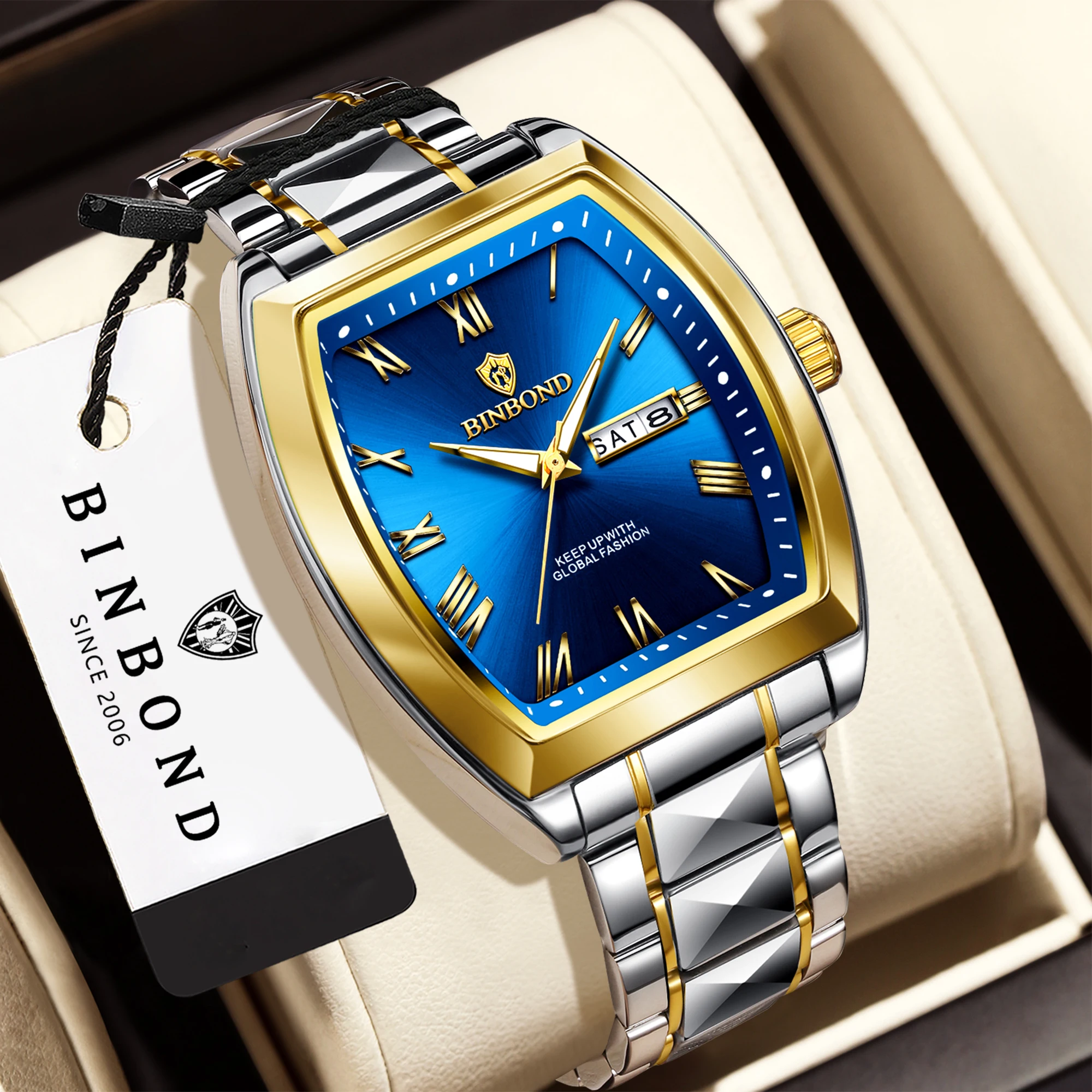 BINBOND Original Quartz Man Watch Waterproof Couple Watches Auto Date Luminous Luxury Reloj Hombre Wristwatches Week Display