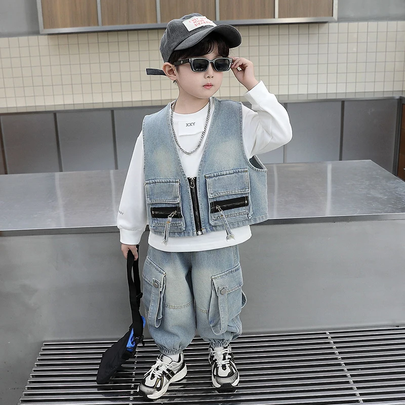 

Boys' Spring Autumn Denim Vest Set Children's Faionable Workwear Pants Baby Base Layer irt Tee-piece Set Trendy