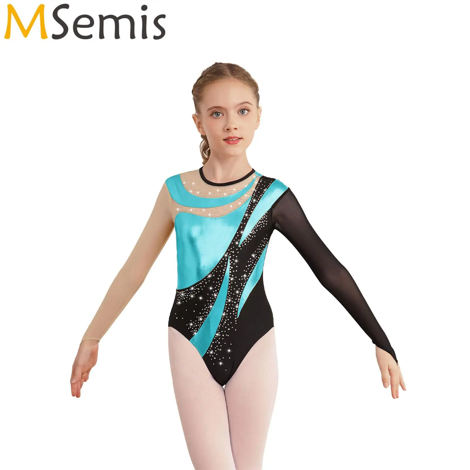 Kids Girls Gymnastics Leotards Artistic Skating Costume Bronzing Mesh Shiny Cutout Long Sleeve Ballet Jersey Biketard Bodysuit