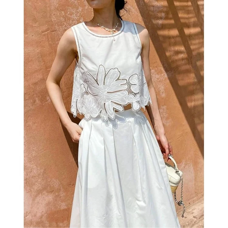 

Лето 2023, женский ажурный круглый жилет Ne Svel с высокой талией, эластичная юбка, комплект из двух предметов, корейский сле