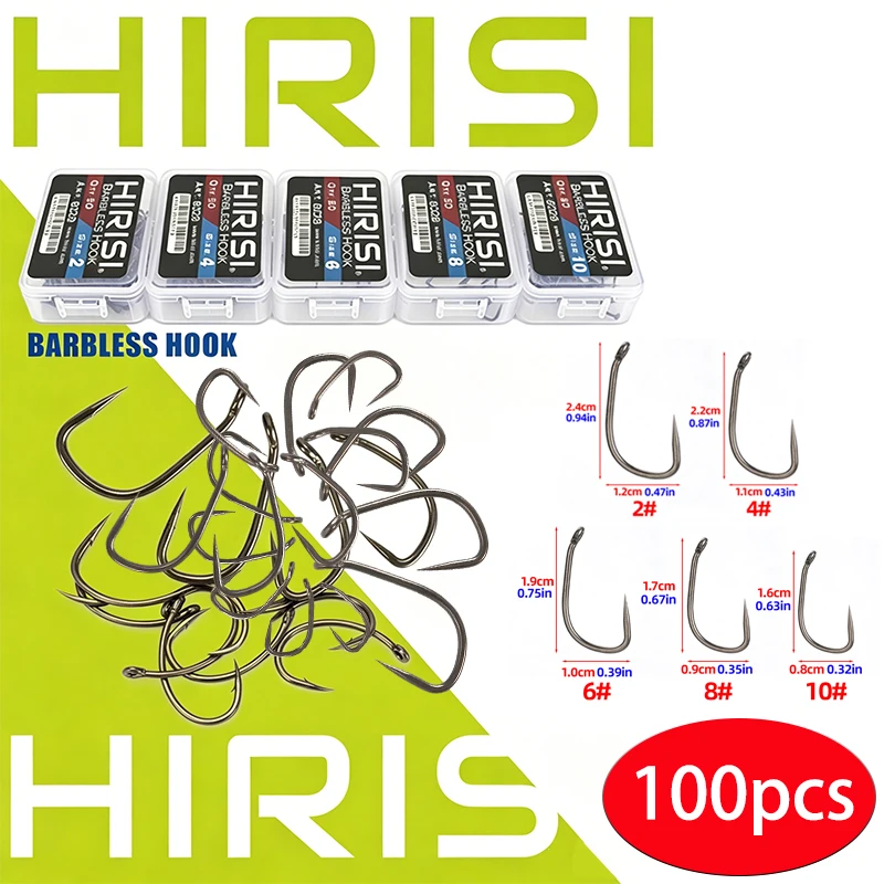 Hirisi 100 Stück Hochkarbon-Edelstahl Angelhaken mit Widerhaken Beschichtetes Karpfenangel-Zubehör-Set mit Original-Einzelhandelsverpackung 8028