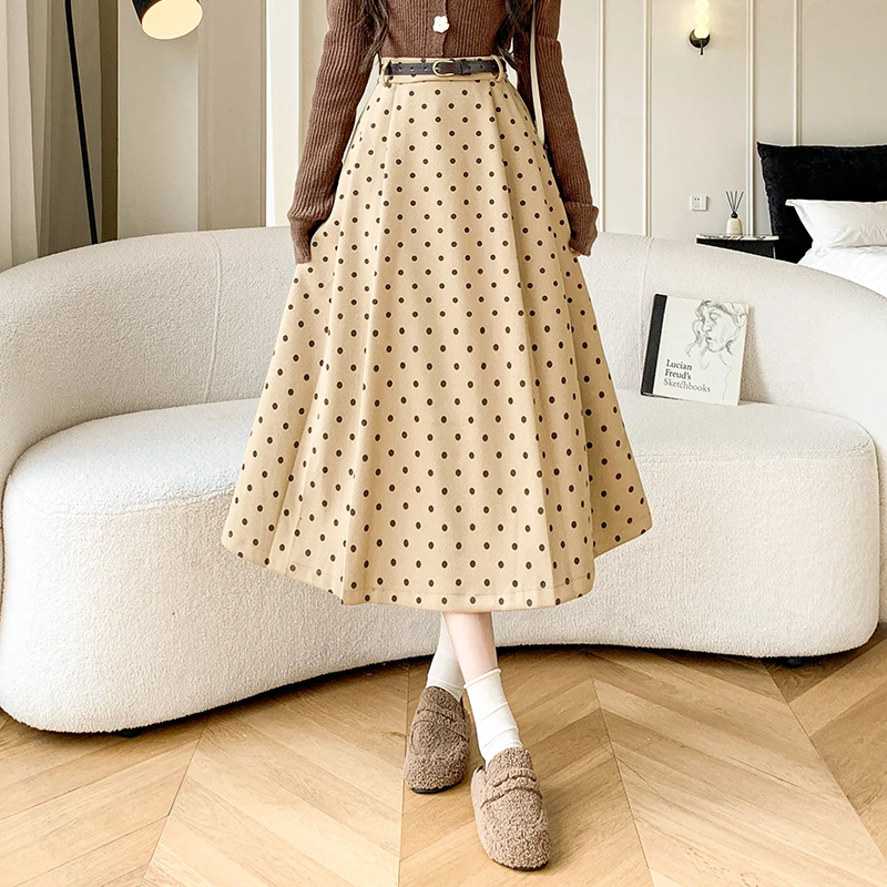 

Autumn and Winter French Polka Dot Mid-Length Skirt Women High Waisted Loose Versatile A-Line Skirt Female Korean Style