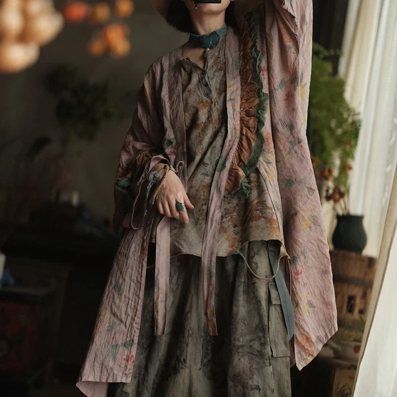 2025 Spring Vintage Style Floral Print Loose Female Linen Trench Jackets M1303 Oversized Women Casual Cardigan Coats New Arrival