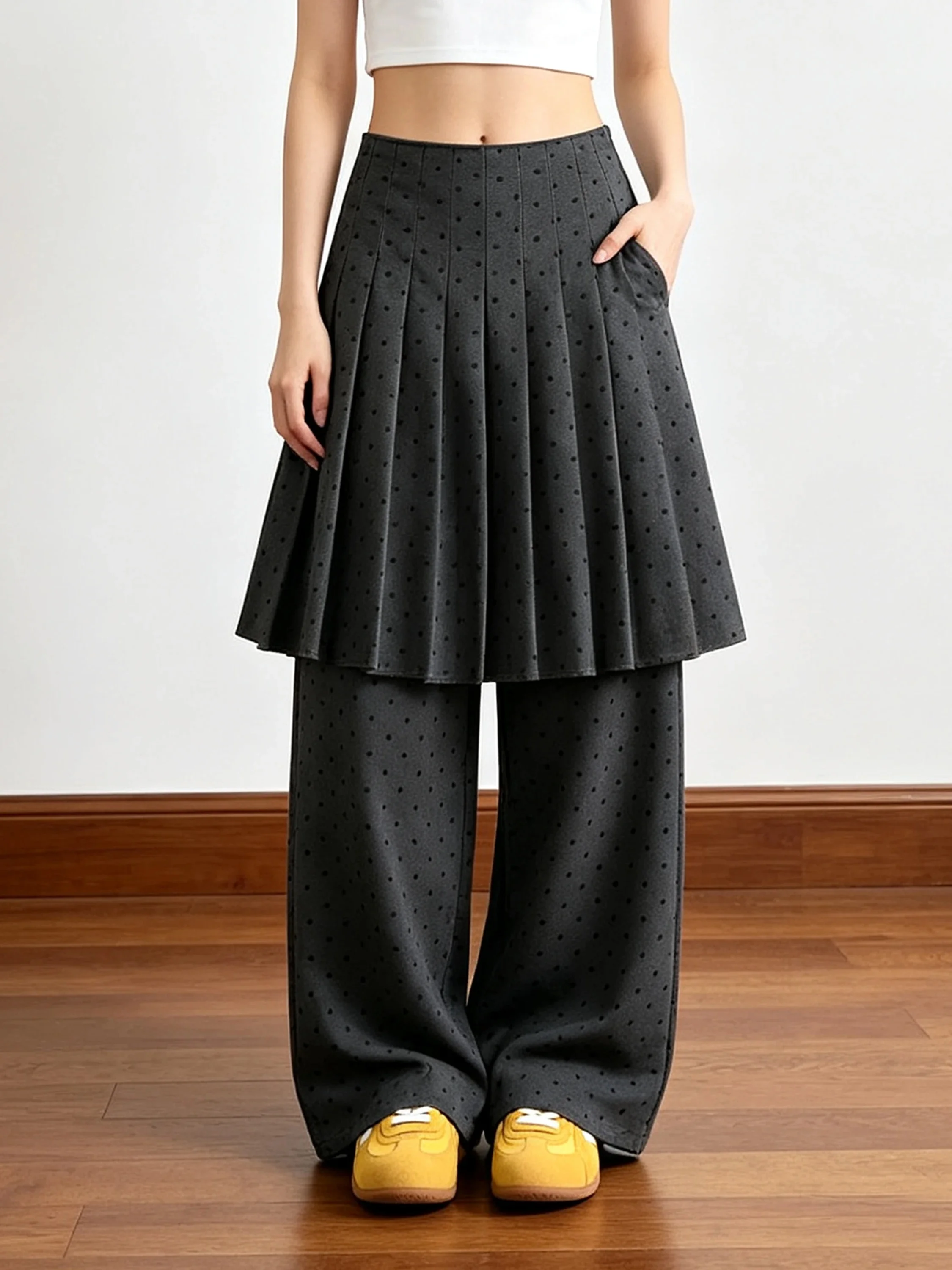 Small Ball Cultural Checkered Skirt Pants Women's Gored Skirt Embroidered Loose Drapey Floor-Length Pants Casual High Waist P...
