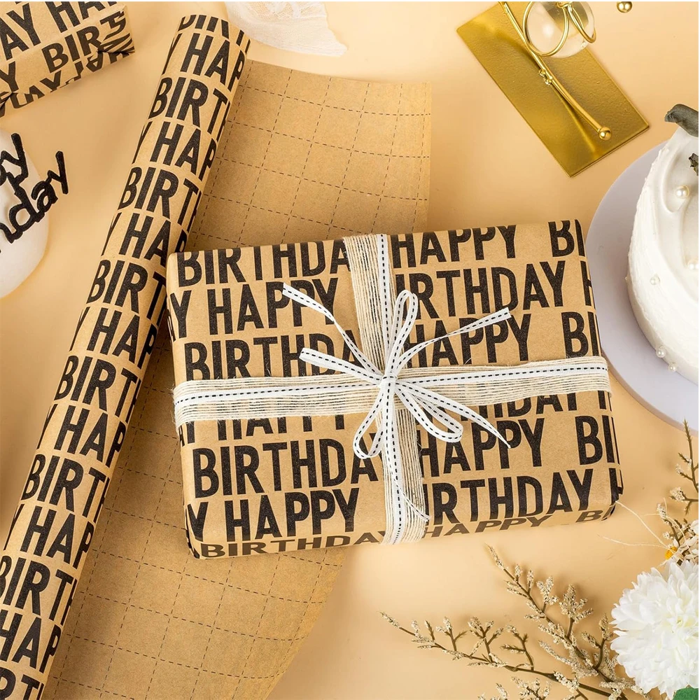1 Rolle Happy Birthday Geschenkpapier, Vintage gestreiftes Kraftpapier, hochwertige DIY-Party-Dekoration, Neujahrsdekoration