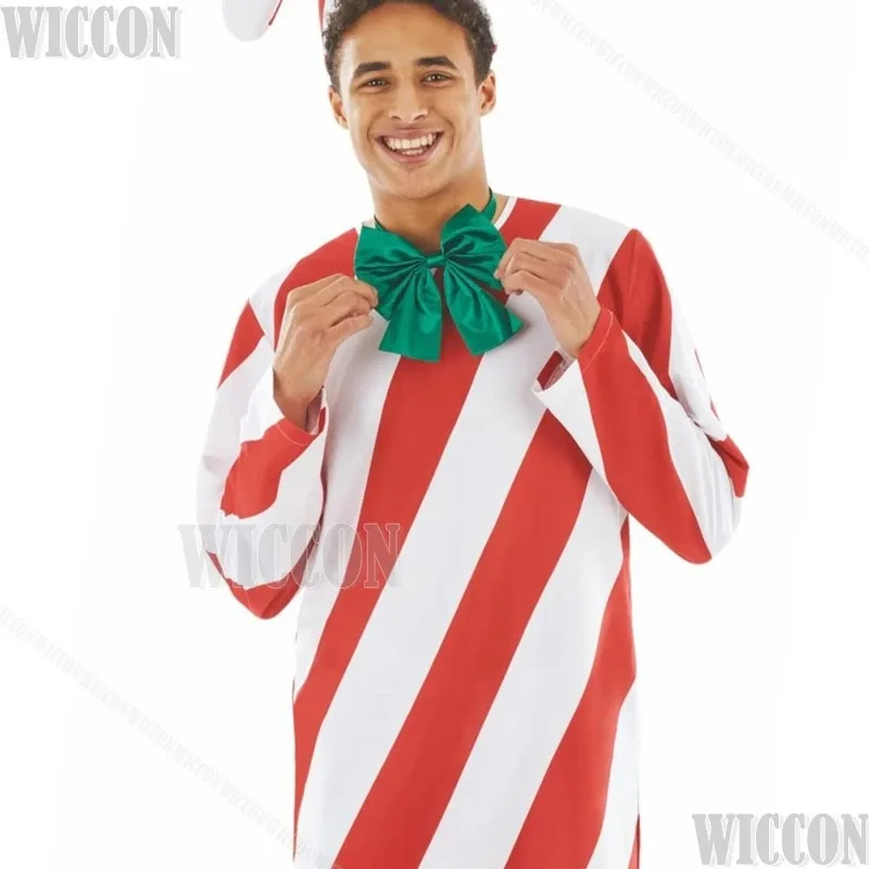 

Рождественские трости, карнавальный костюм для взрослых и детей, шляпа, красная, белая полосатая форма, наряд для ролевых игр на Хэллоуин, полный комплект по индивидуальному заказу