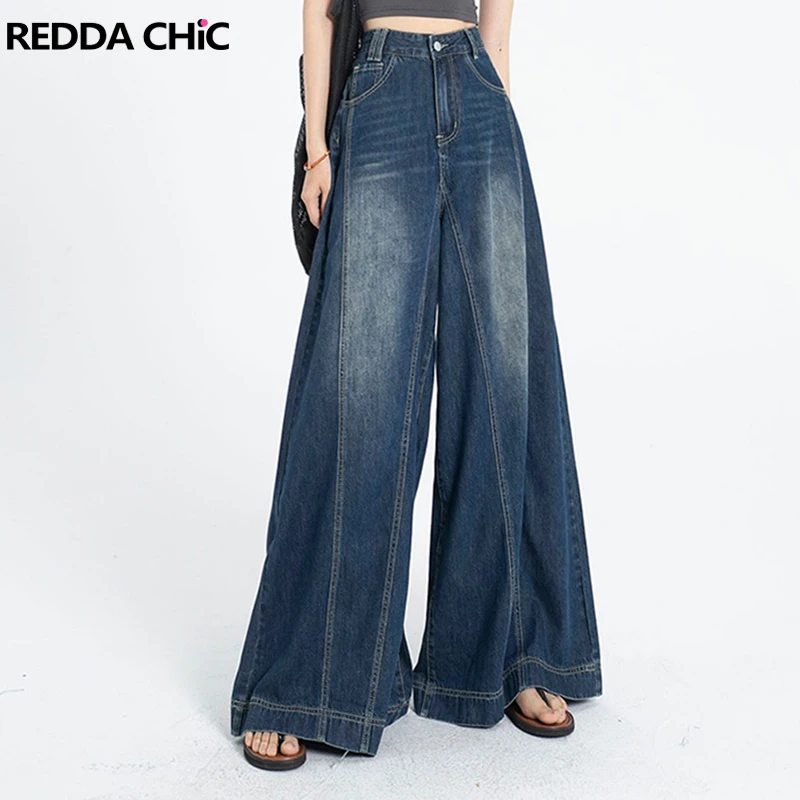 REDDACHiC Women Loose Casual Flare Jeans Elephant Bell Bottoms Low Waist Wide Leg Pants Patchwork Blue Trousers Vintage Clothes