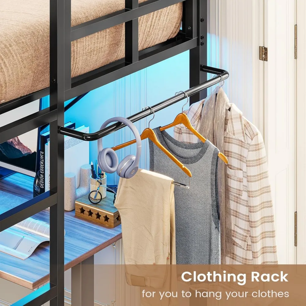 Cama alta dupla com luzes LED, cama alta de metal tamanho duplo com guarda-corpo de comprimento total, rack de roupas, estrutura de cama loft de metal resistente