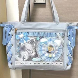 Xiuya Blue Womens Shoulder Bag Leather Sweet Lolita Jk Elegant Cute Casual Ita Bag Japanese Style Transparent Fashion Handbag