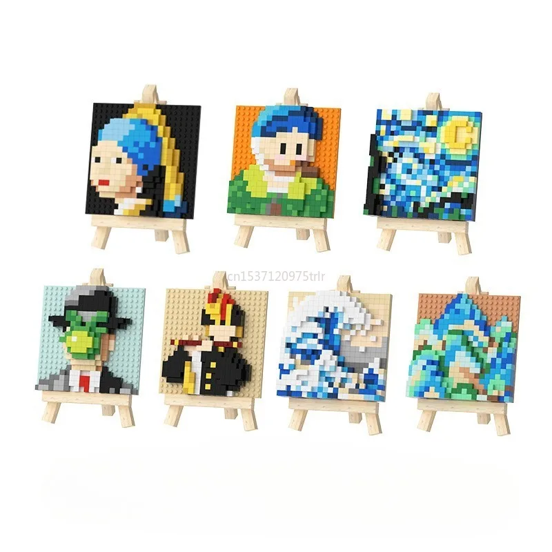 3D Pixel seni terkenal lukisan blok bangunan kreatif Van Gogh langit berbintang blok mikro mainan DIY hadiah anak-anak Dekorasi Rumah