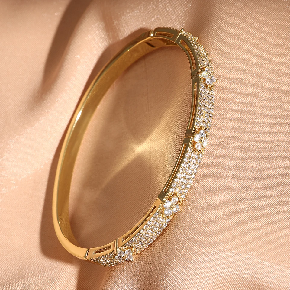 Yupsk Luxury Shiny Full Zircon Open Bangle Bracelet for Women Exquisite Brass Flowers Design Wedding Party Jewelry Gift image 3