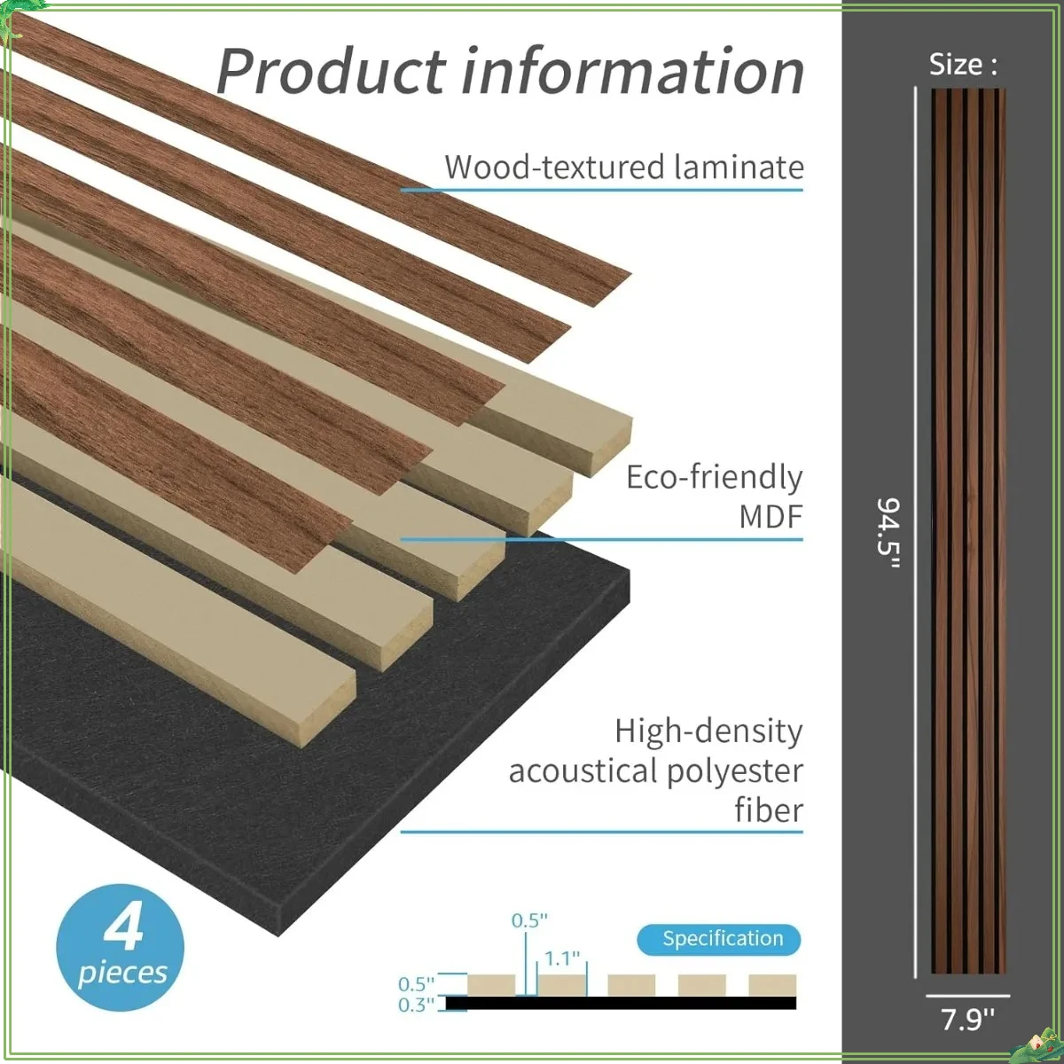 ​ ​ 4-pack akoestische houten lattenwandpanelen - 3D gecanneleerde geluidsabsorberende donkere walnoot voor muur en plafond ​ ​