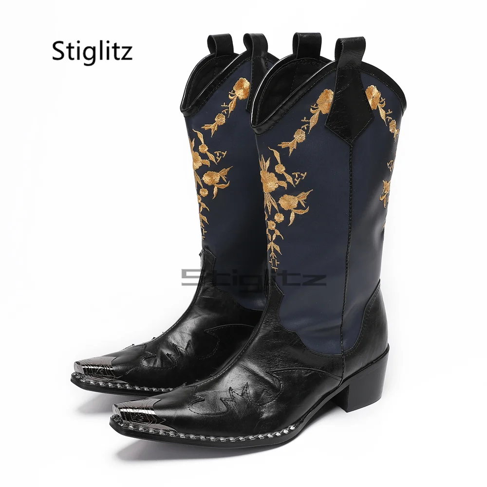 

6Cm High Heels Embroidery Cowboy Boots for Men Totem Retro Mid-Calf Western Boots Genuine Leather Pointed Toe Winter Men's Shoe