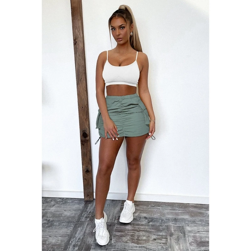 Rok Kargo Wanita Rok Pensil Ruched Pinggang Tinggi Rok Mini Bodycon Serut T8NB