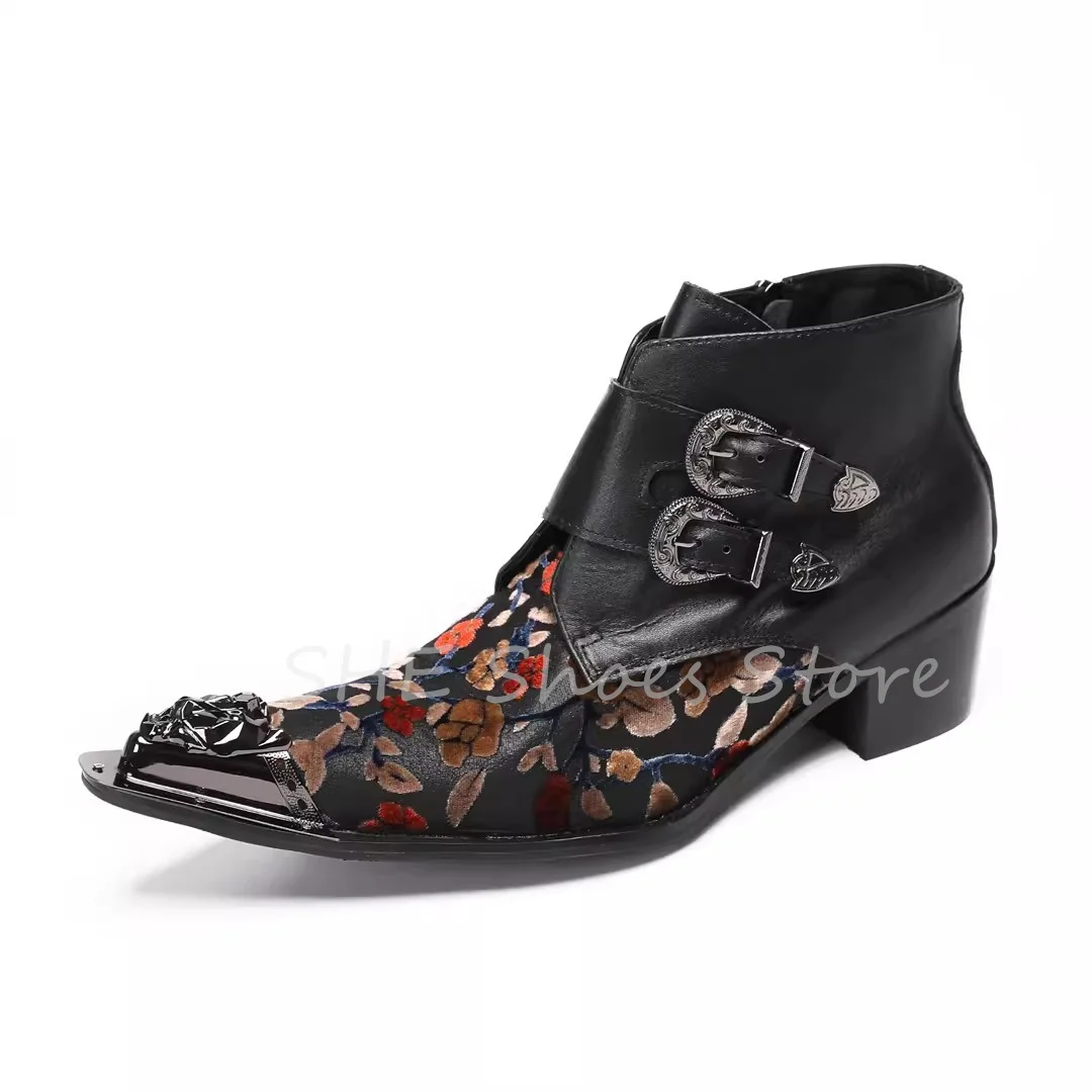 Mixed Color Flowers Prints Metal Pointed Toe Splicing Boots for Men British Style Belt Buckle Decor Chelsea Boots Male Shoes