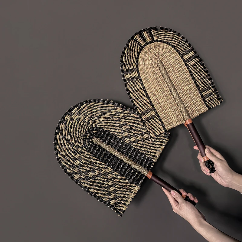 Ins Style Seagrass Woven Fan Summer Hand-Cranked Cattail Fan Home Bedroom Background Wall Decoration Fan
