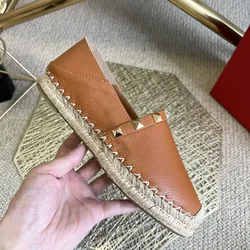 2024 Summer Shoes Woman Genuine Leather Rivet Espadrille Shoes Slip On Light Leisure Flats Designer