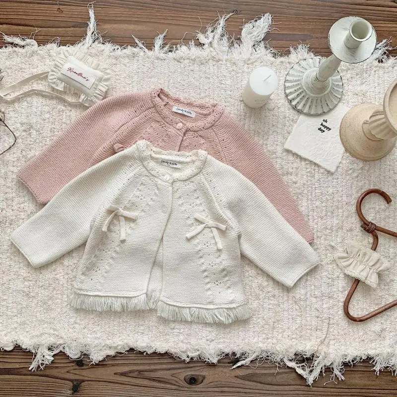 2024 New Baby Girl Solid Color Cardigan Fashion Tassel Knitted Cardigans Sweet Girls Versatile Knitting Sweater Round Neck Coat