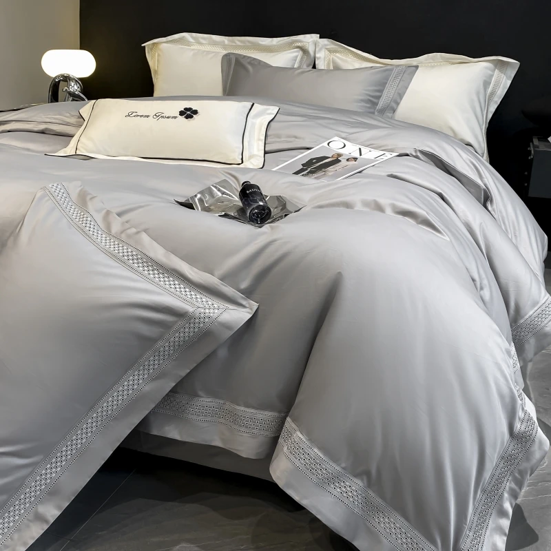 Egyptian Cotton Bedding Set Luxury, Grey Hollow Out Embroidery Duvet Cover, Bed Sheet, Pillowcases, Solid Color Mattress Cover