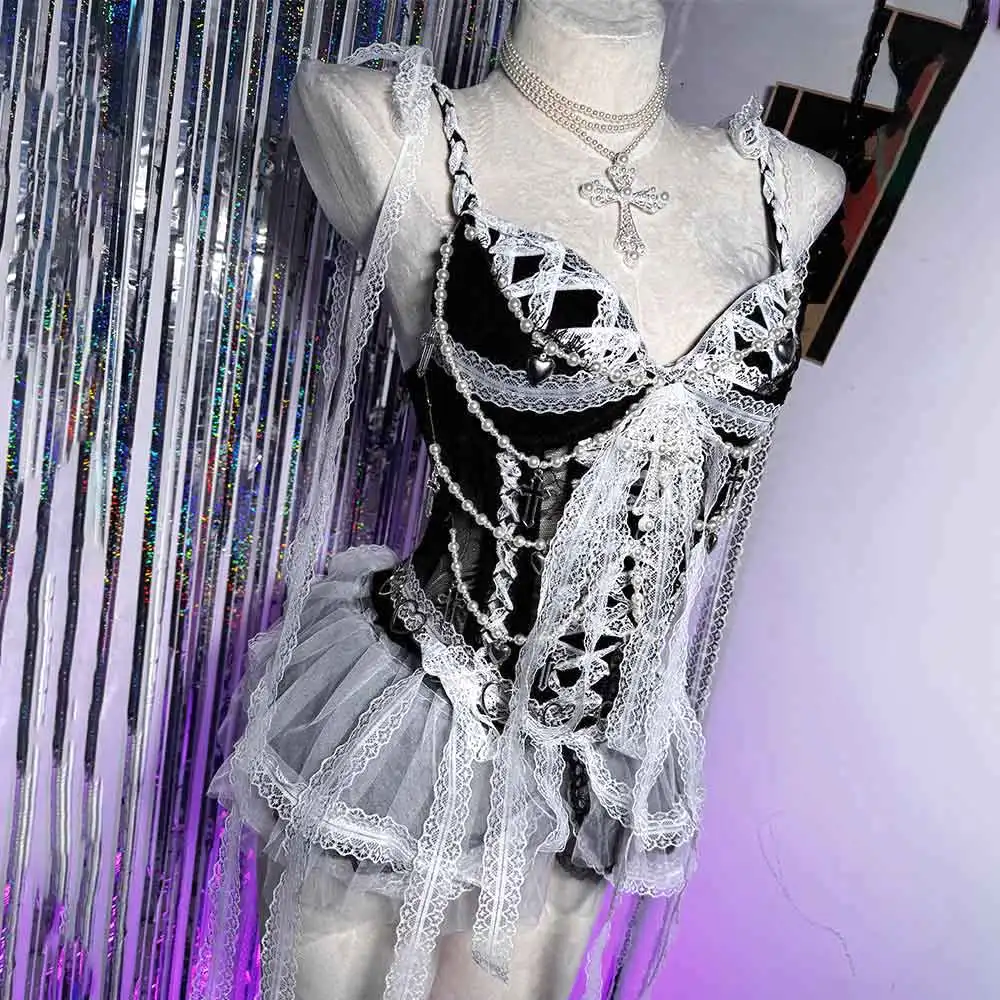 

Kawaii Grunge Gothic DIY Club Wear Emo E-Girls Y2K Lace TOPS Heart Festival Outfit Hand Made Harajuku 90s Punk Rock Cross