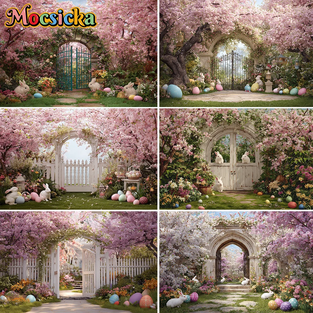 

Spring Backdrop Easter Props Bunny Colorful Eggs Flowers Arch Wreath Rabbit Easter Kids Birthday Portrait Photography Background