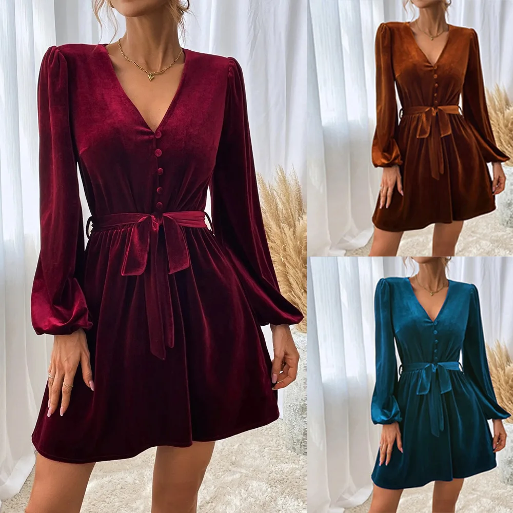 Women Autumn Winter Hot Sale V Neck Waist A Line Dress Long Sleeve Velvet Sexy Banquet Dress