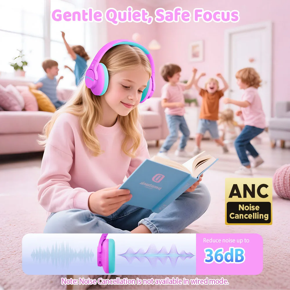 Anc sem fio bluetooth fone de ouvido crianças com cancelamento de ruído fones sobre a orelha dobrável proteção auditiva para viagens escola