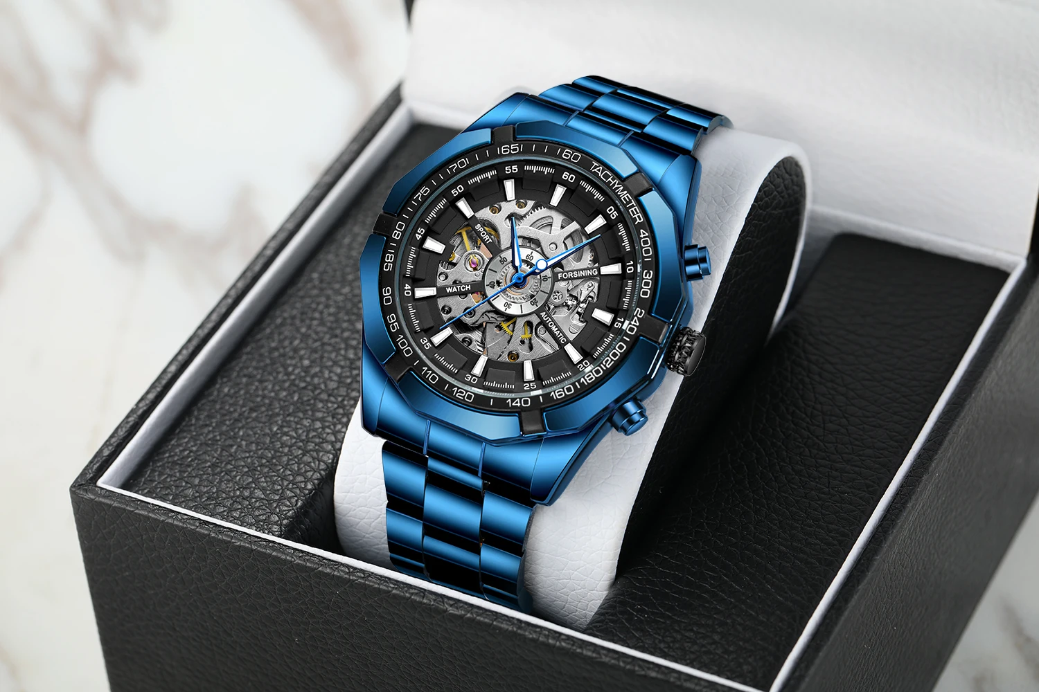 Forsining New Stainless Steel Waterproof Men Transparent Skeleton Blue Watches Luxury Tourbillion Mechanical Sport reloj hombre