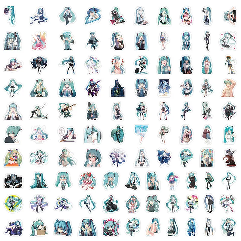 100PCS Hatsune Miku DIY Cartoon Stickers Phone Trunk Refrigerator Waterproof Anime Stickers Anime Figure Image Toys Sticker Gift